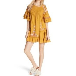 Free People - Gold Peasant Dress with Embroidered Flowers - SIZE Medium